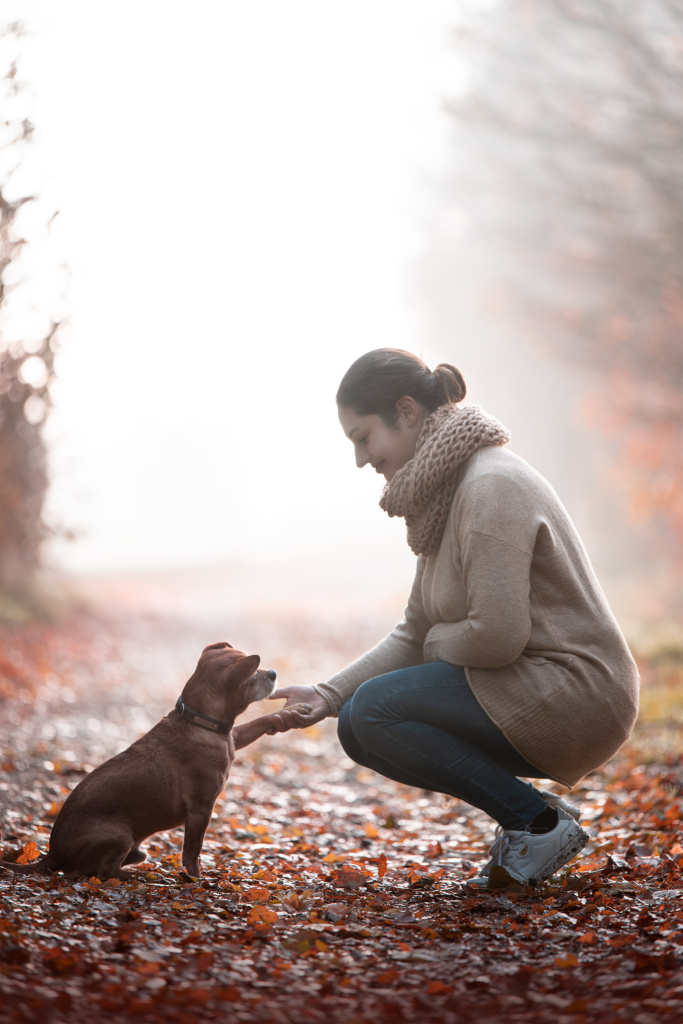 Tess-art Hundefotografie Mensch und Hund blicken sich in die äugen und halten Händchen
